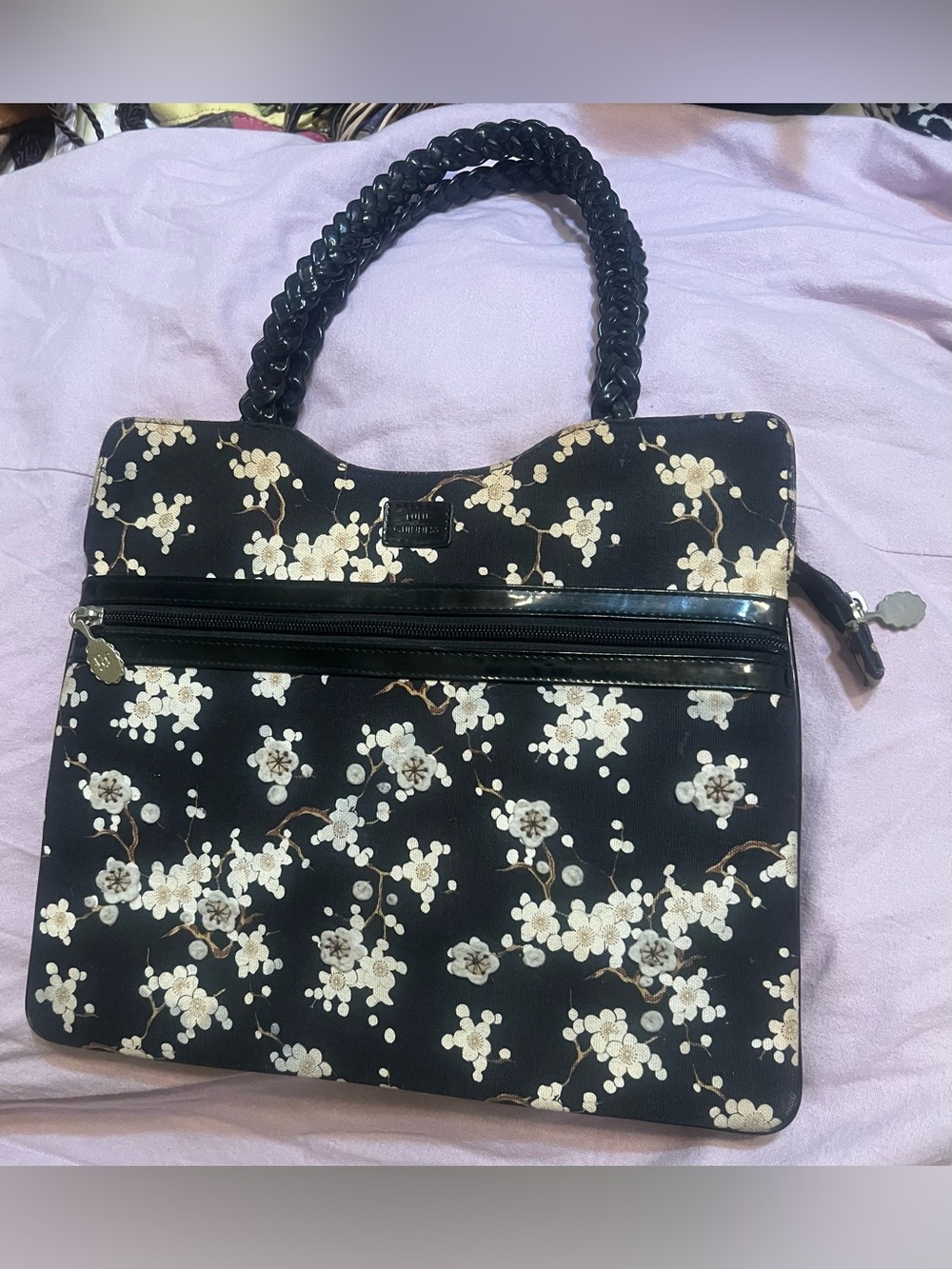Lulu Guinness Black Shoulder Bag with Cream Floral Print